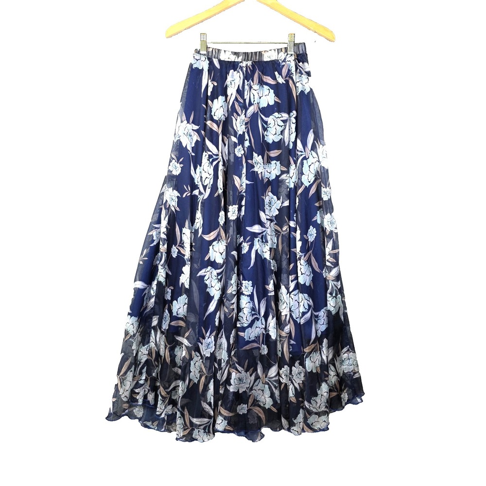Chicwish Blue Watercolor Floral Chiffon 90s Inspired Maxi Skirt Full A-Line XS